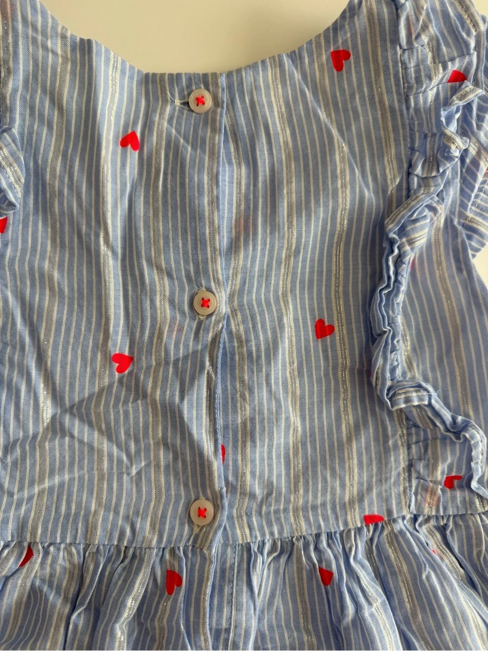 Oshkosh 5t Girls Dress White & Blue Striped with Silver Metallic accents, Hearts
